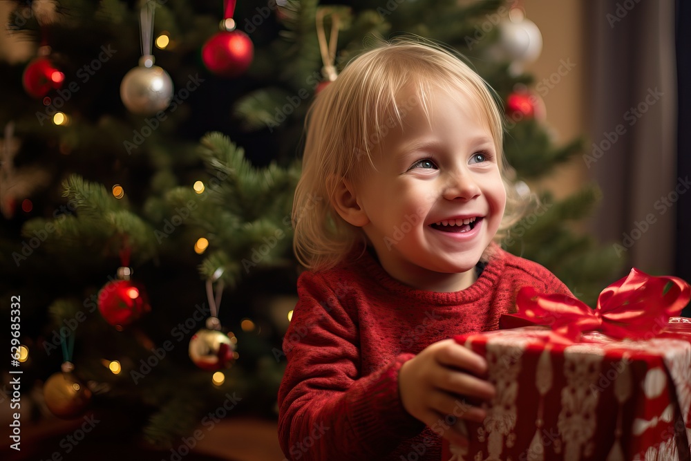Child with Christmas gift smiling to camera, santa claus presents