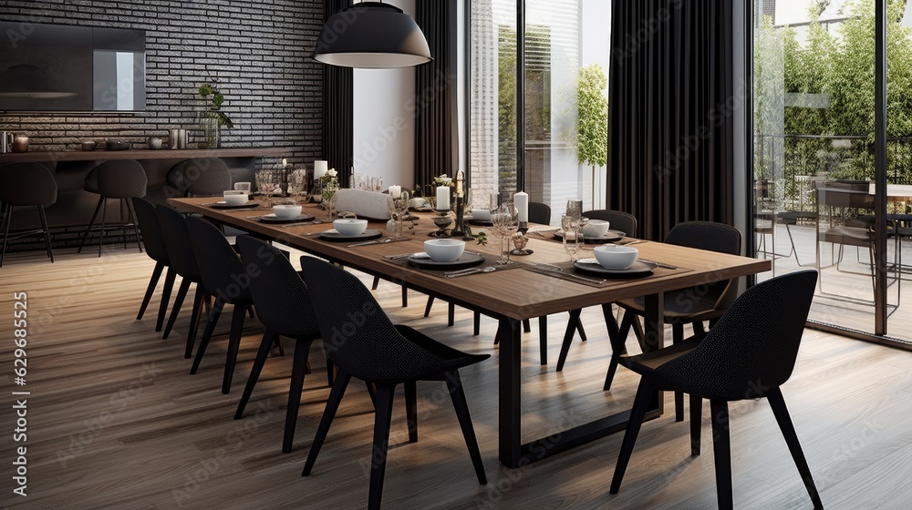 long black dining room table wooden, generative ai