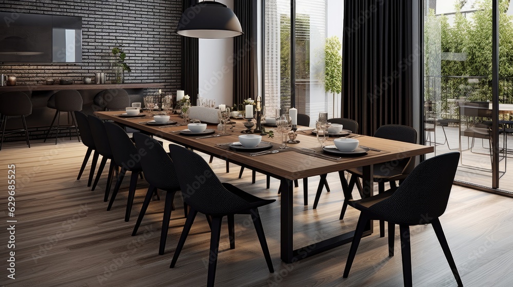 long black dining room table wooden, generative ai long black dining room table wooden, generative ai
