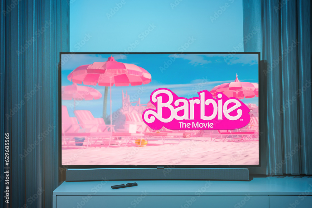 The barbie movie logo and poster on TV screen Stock Photo | Adobe Stock