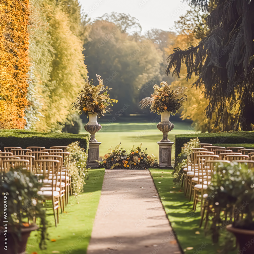 Obraz premium Wedding aisle, floral decor and marriage ceremony, autumnal flowers and decoration in the English countryside garden, autumn country style