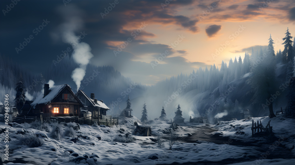 house in the forest, winter landscape