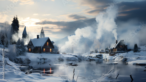 vertical: a house with light in the windows, smoke from the chimney, winter landscape