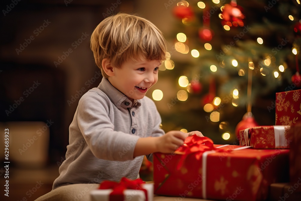 Small cute child holding present gift box with red ribbon,giving receiving presents on holiday event