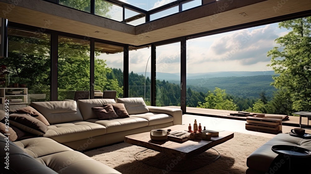 modern interior design room panoramic windows, generative ai