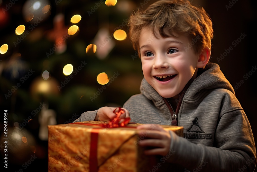 Small cute child holding present gift box with red ribbon,giving receiving presents on holiday event Small cute child holding present gift box with red ribbon,giving receiving presents on holiday event