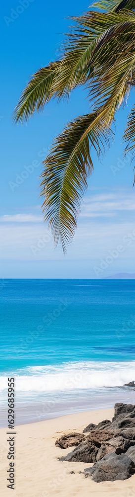 Fototapeta premium Elevate your reading experience with a bookmark that showcases the exquisite illustration of a crystalline azure beach, evoking the calm and inviting atmosphere of a coastal getaway.