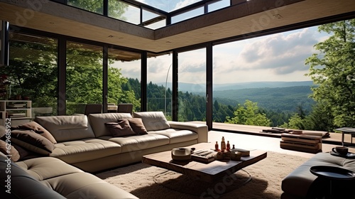 modern interior design room panoramic windows, generative ai © Creative Station