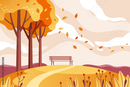 Autumn landscape background with bench. Fall park or forest with foliage trees and leaves falling in. Vector illustration for mobile and web graphics.