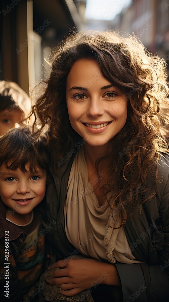 Young mother hugging her child against city background,bonding together happy family,single mother