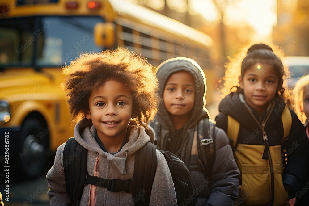 Schoolchildren taking the school bus to go study, backpacks, back to school concept