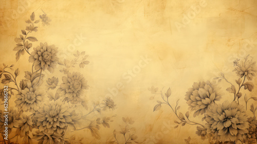 Vintage floral pattern on old yellowed paper background