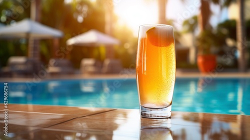Celebrate leisurely moments with this captivating photo of a transparent glass of light cold beer, reflecting the sun's brilliance near the inviting pool. Ai generated