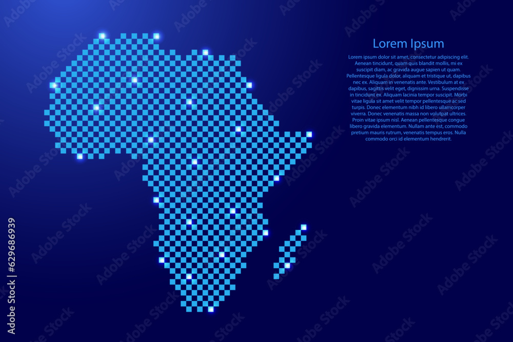 Africa continent map from futuristic blue checkered square grid pattern and glowing stars for banner, poster, greeting card