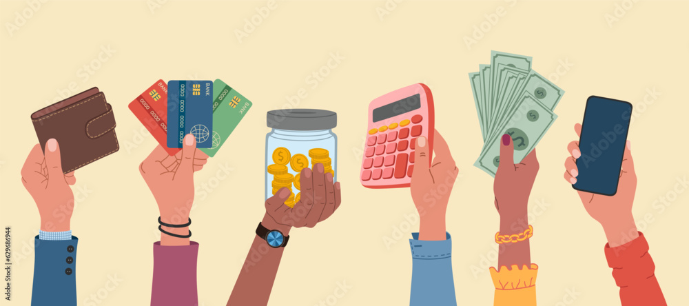 Hands holding credit cards, calculator, wallet, jar with coins, dollar banknotes, smartphone. Finance and savings. Hand drawn vector illustration isolated on light background, flat cartoon style.