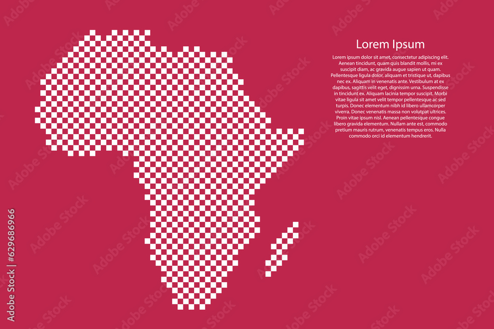 Africa continent map country from checkered white square grid pattern on red viva magenta background