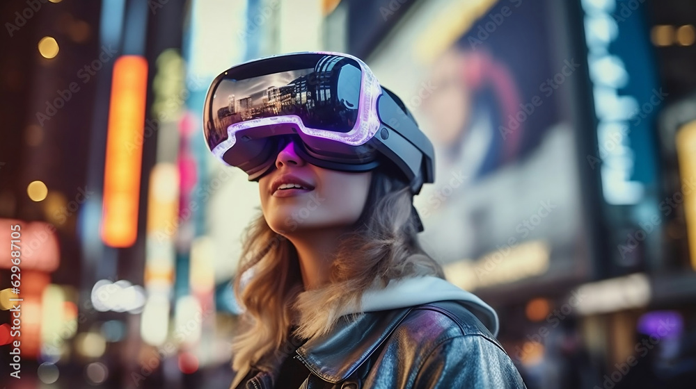 Futuristic concept of woman using virtual reality headset in city Futuristic concept of woman using virtual reality headset in city