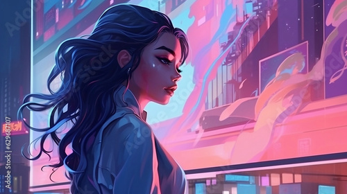 Digital illustration of a woman in the futuristic city billboard on the background