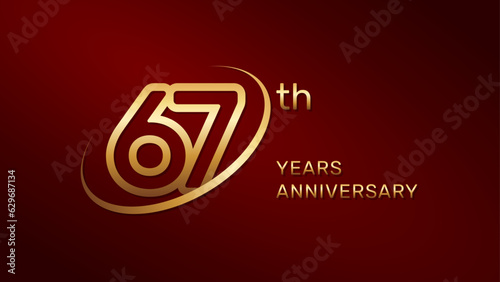 67th anniversary logo design in gold color isolated on a red background, logo vector illustration