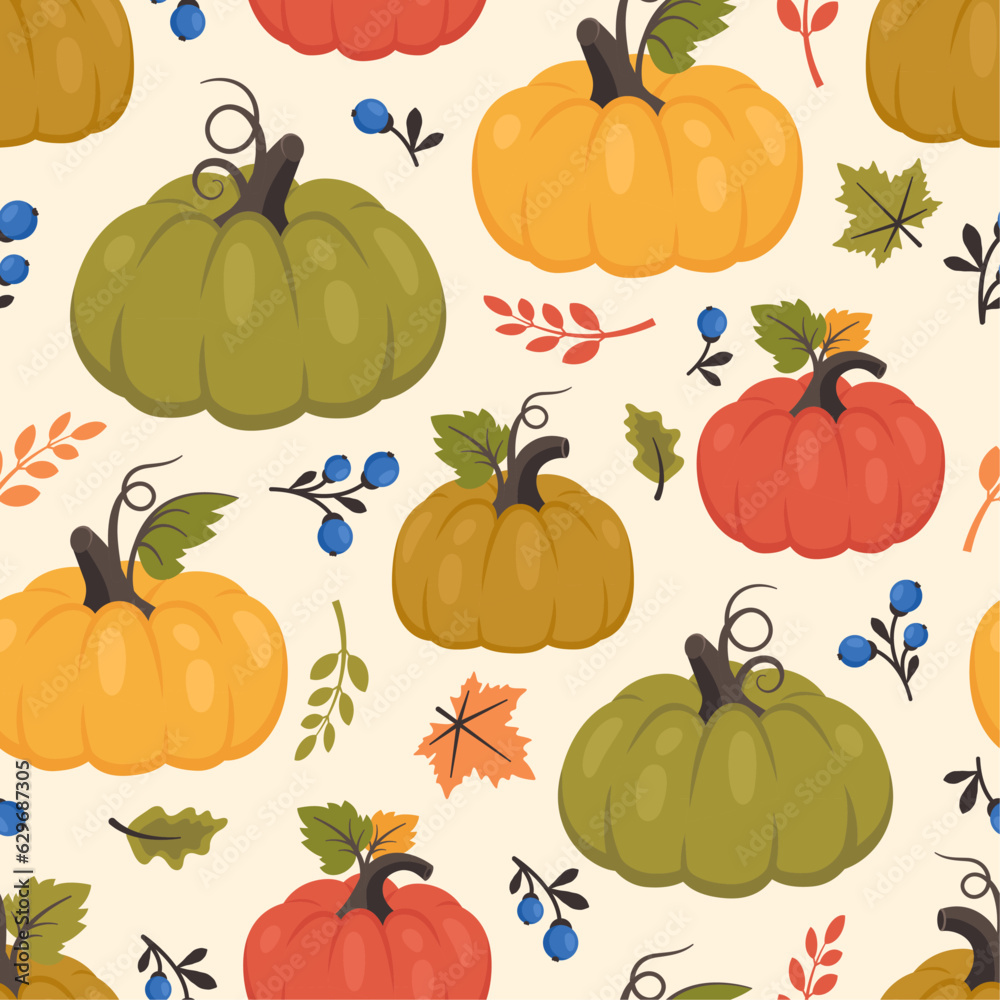 Autumn seamless pattern. Set of fall background with whole pumpkin and half, leaves, berries. Thanksgiving day. Seasonal harvest. Vector illustration for wallpapers, textile, notebooks, wrapping paper Autumn seamless pattern. Set of fall background with whole pumpkin and half, leaves, berries. Thanksgiving day. Seasonal harvest. Vector illustration for wallpapers, textile, notebooks, wrapping paper
