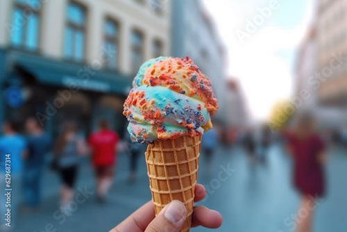 Hand holding ice cream on the background of a European city
