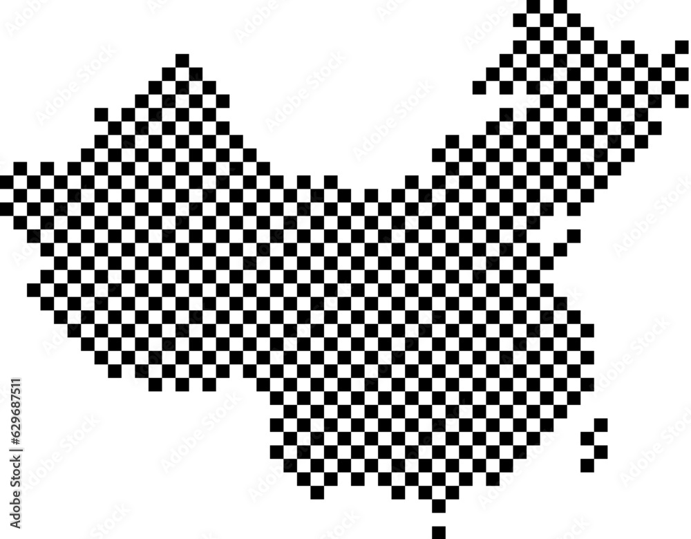 China map country from checkered black and white square grid pattern