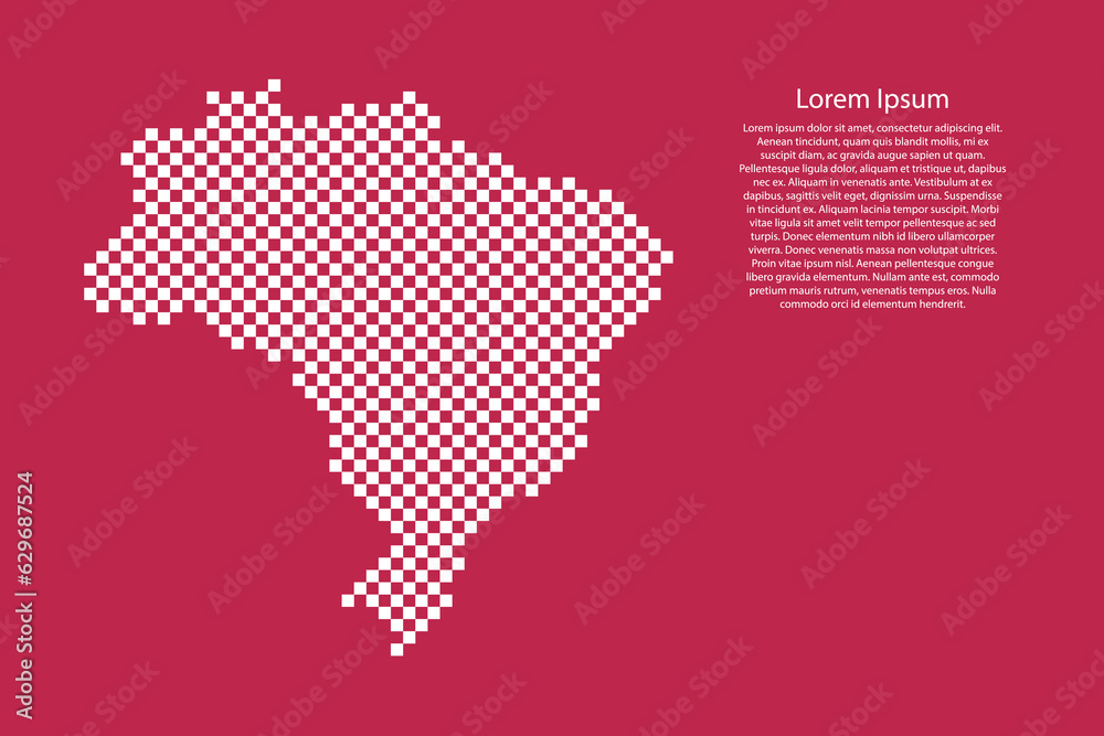 Brazil map country from checkered white square grid pattern on red viva magenta background