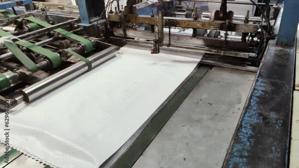 Enterprise for the production of polypropylene bags. Polypropylene fabric is cut to the desired size on a cutting machine
