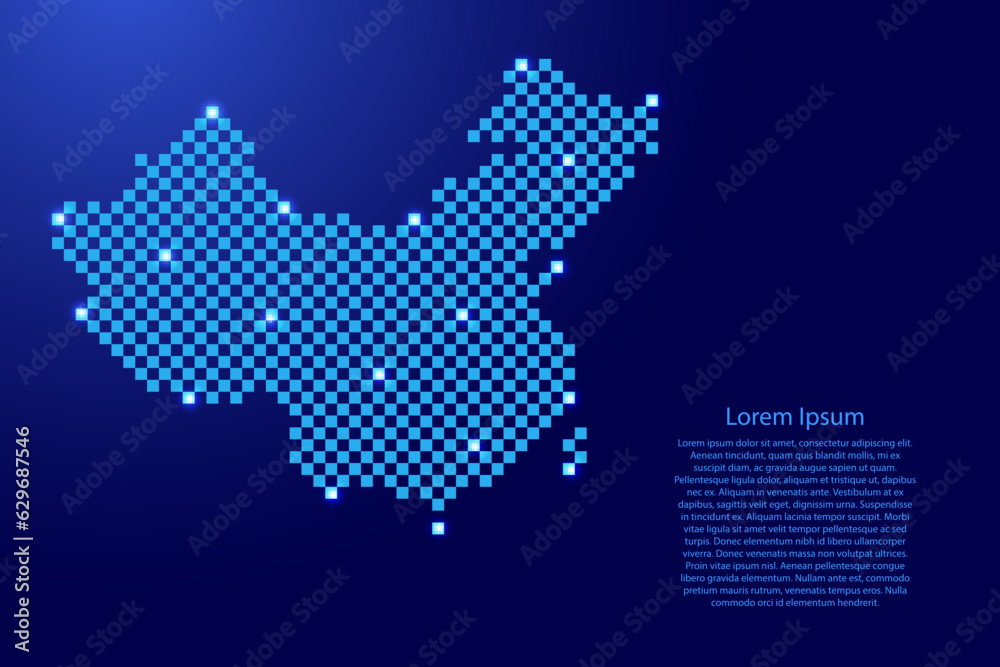 China map from futuristic blue checkered square grid pattern and glowing stars for banner, poster, greeting card