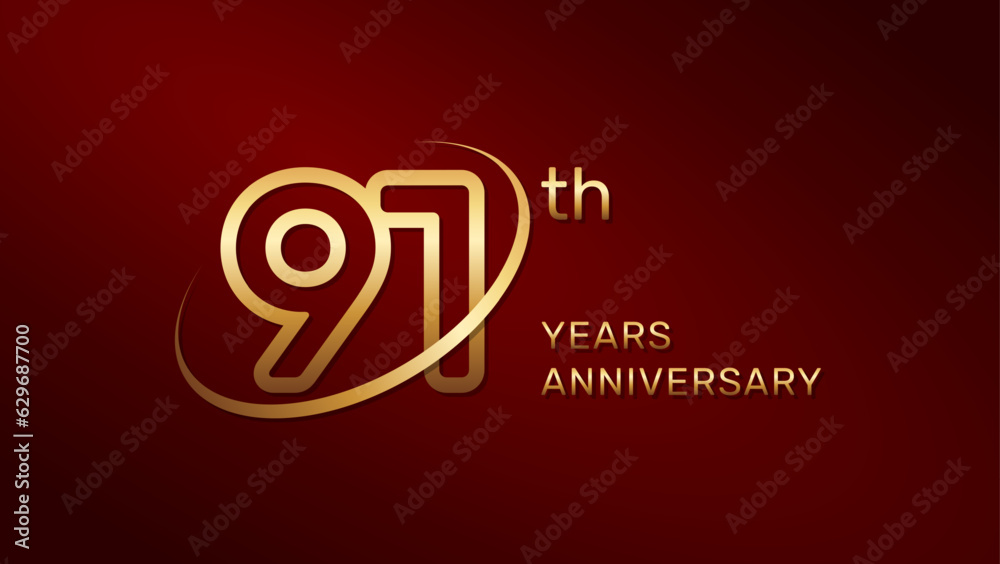 91th anniversary logo design in gold color isolated on a red background, logo vector illustration 91th anniversary logo design in gold color isolated on a red background, logo vector illustration