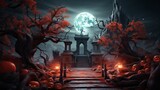 Halloween Grave Tree Background 3d render Generative AI