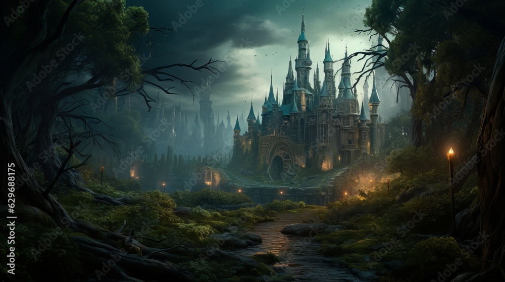 Hansel and gretel dark brooding forest with Disney land castle in the ...