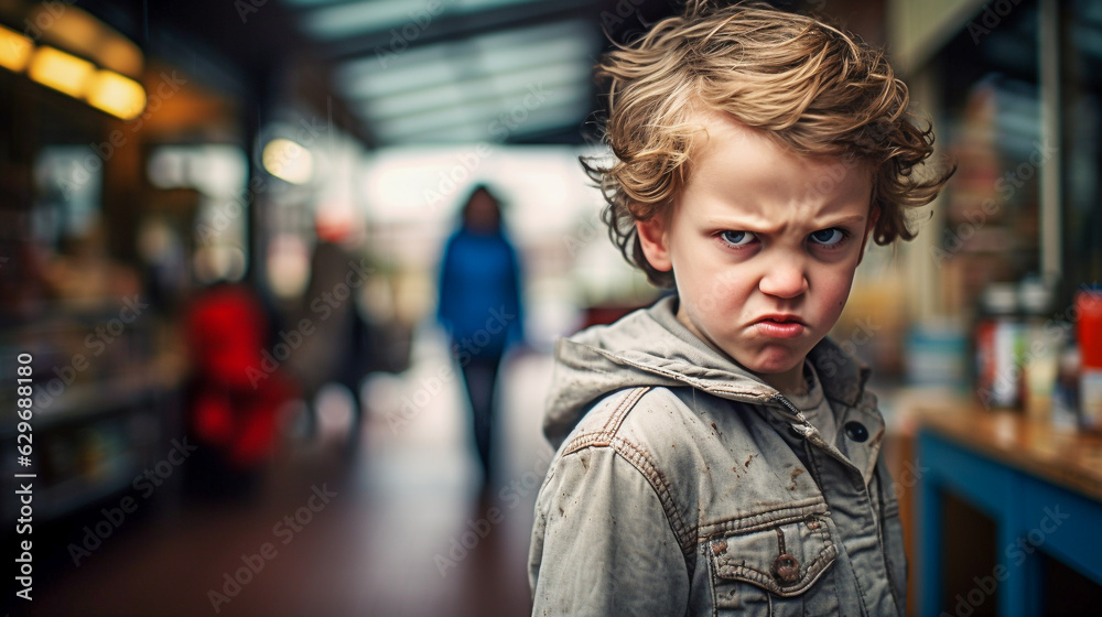 Fototapeta premium Young boy with angry face in store environment