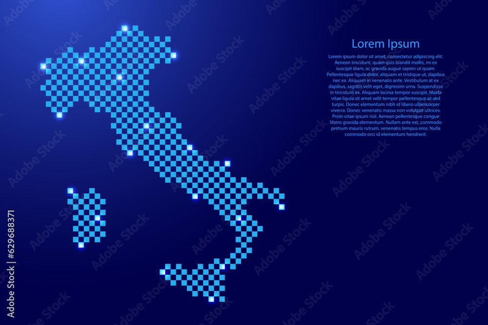 Italy map from futuristic blue checkered square grid pattern and glowing stars for banner, poster, greeting card Italy map from futuristic blue checkered square grid pattern and glowing stars for banner, poster, greeting card