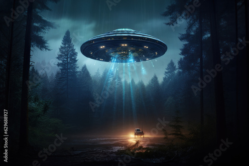 Eerie alien ufo abduction lit up in the night sky created with Generative AI technology