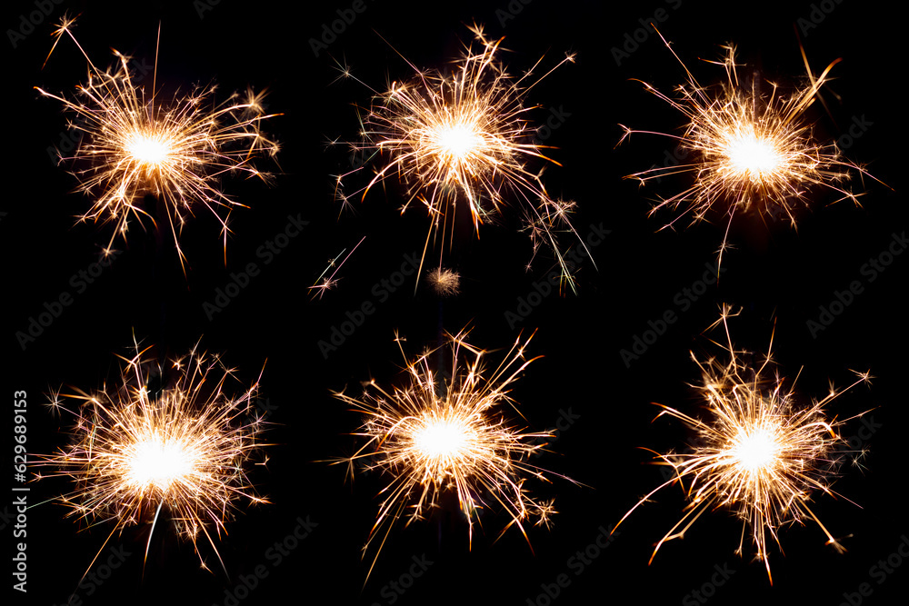 Set of Bengal lights on a black isolated background. Sparks from burning Bengal lights. To insert an image in overlay mode Set of Bengal lights on a black isolated background. Sparks from burning Bengal lights. To insert an image in overlay mode