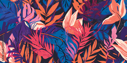 Creative jungle plants illustration pattern. Collage contemporary floral seamless pattern. Fashionable template for design.