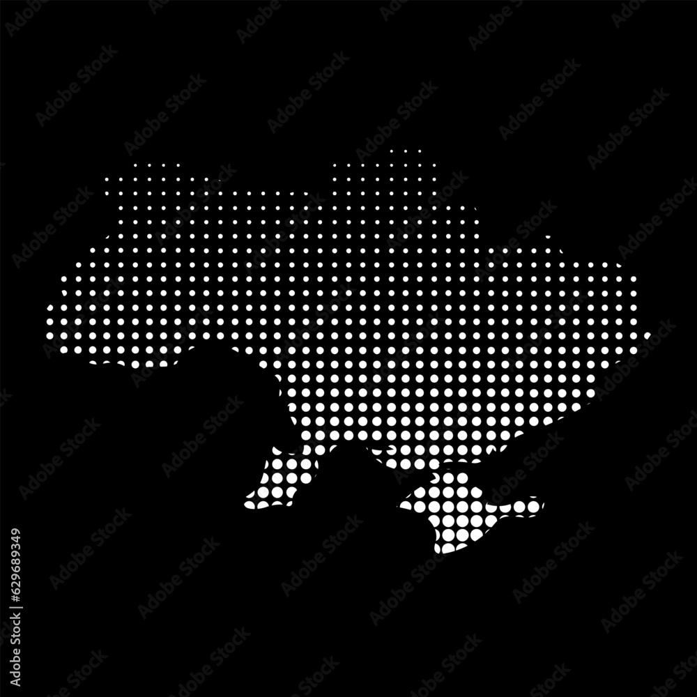 Ukraine map silhouette in halftone white dots pop art style on black background. For logo, merchandise, print, fabric, clothing, souvenirs, postcards, posters, sites, web, technology