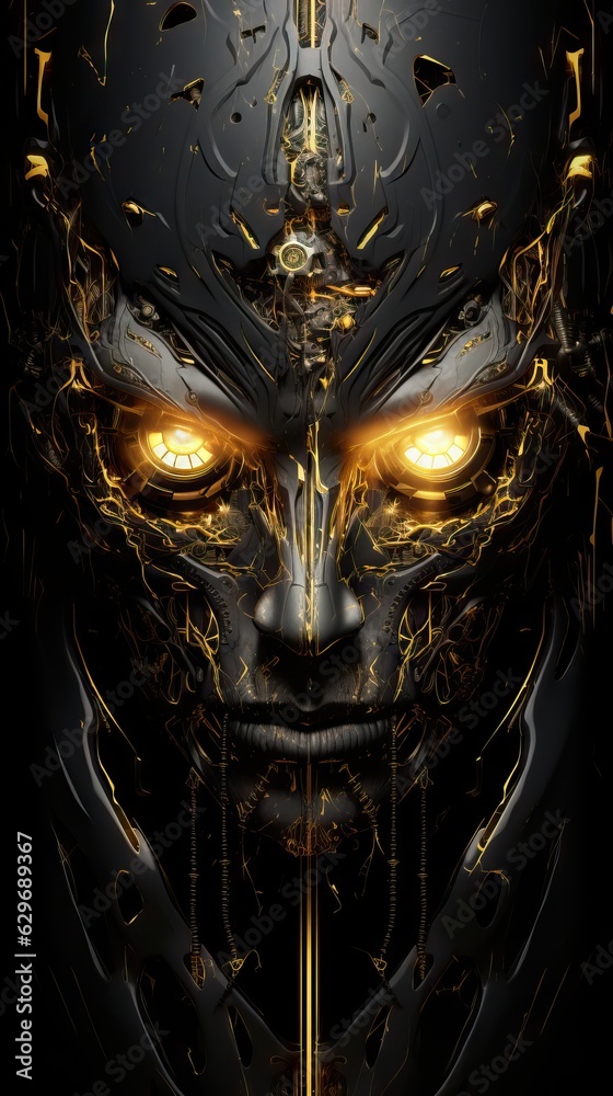 Golden and black ebony demon with yellow lightnings in the eyes Golden and black ebony demon with yellow lightnings in the eyes