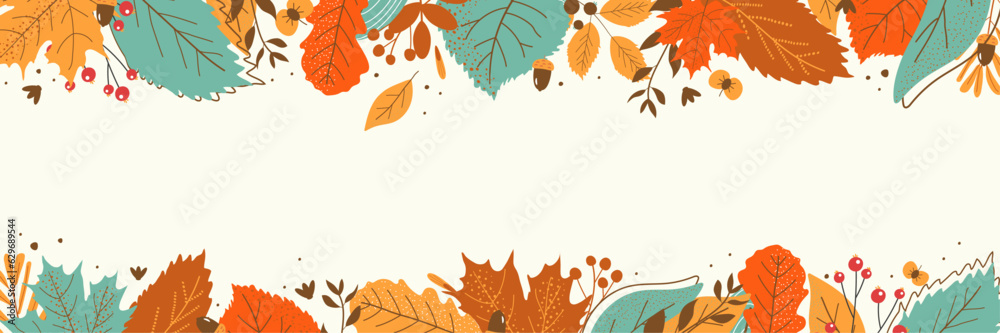 Hand drawn horizontal banner pattern with autumn bright leaves and berries in retro color template. Flat doodle style. Vector illustration. - obrazy, fototapety, plakaty 
