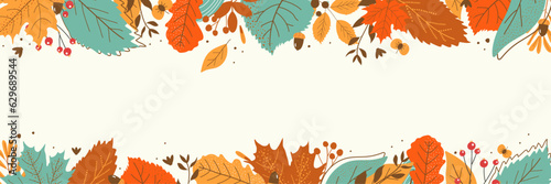 Hand drawn horizontal banner pattern with autumn bright leaves and berries in retro color template. Flat doodle style. Vector illustration. photo