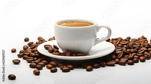 White cup of coffee with coffee beans on white background - generated image