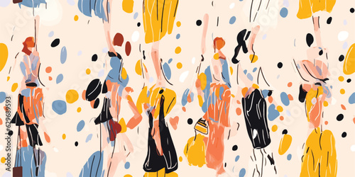 Hand drawn abstract contemporary trendy print. Friends walking vector illustration. Fashionable template for design