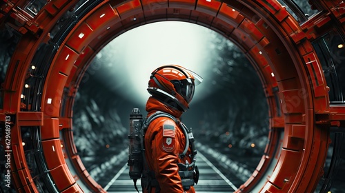 Futuristic motion cinematic scene conceptual photo, red thones, space style