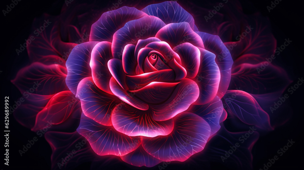Illustration d'une rose violette et rose dans un style futuriste. Fleur, plante, nature. Image pour conception et création graphique - obrazy, fototapety, plakaty 