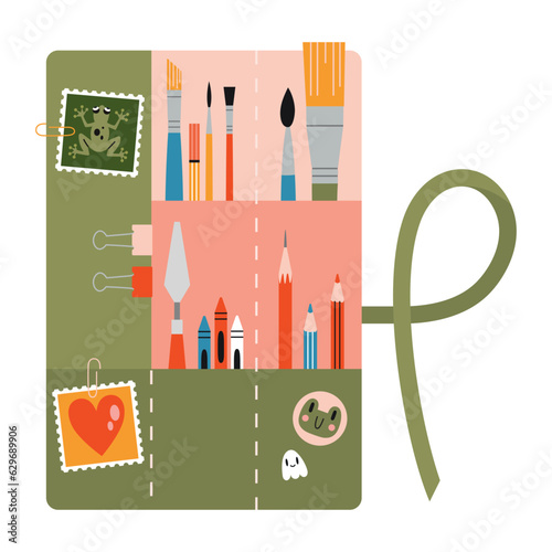 Artist's Round Roll Up Pencil Case with stationery and art supplies, cartoon style.  Painting tools elements. Trendy modern vector illustration isolated on white background, hand drawn, flat design