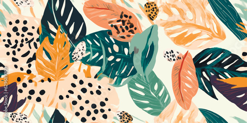 Hand drawn abstract jungle pattern with leopard print. Creative collage contemporary seamless pattern. Natural colors. Fashionable template for design