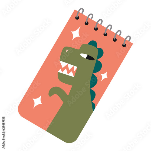 Notepad, sketchbook on a spring with a picture of a cute dinosaur, cartoon style. Art supplies. Trendy modern vector illustration isolated on white background, hand drawn, flat design