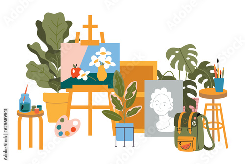 Art class studio interior with house plants, paintings and art supplies, cartoon style. Wooden easel with a canvas. Trendy modern vector illustration isolated on white, hand drawn, flat design
