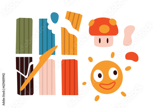 Kids modeling clay, colorful plasticine pieces for creativity with children's crafts and a plastic knife, cartoon style. Trendy modern vector illustration isolated on white, hand drawn, flat design